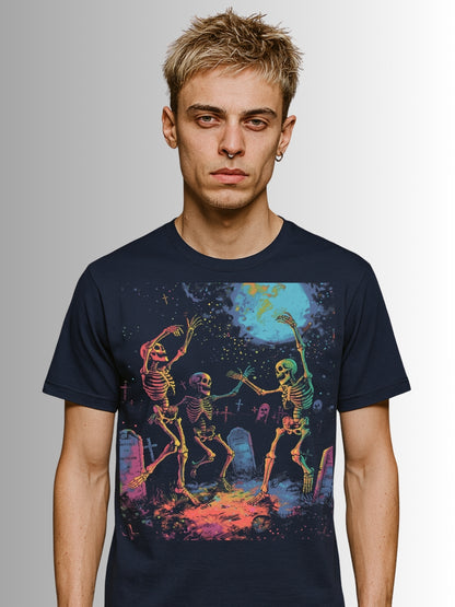 navy T-shirt with vibrant skeletons and spooky moonlit graveyard design