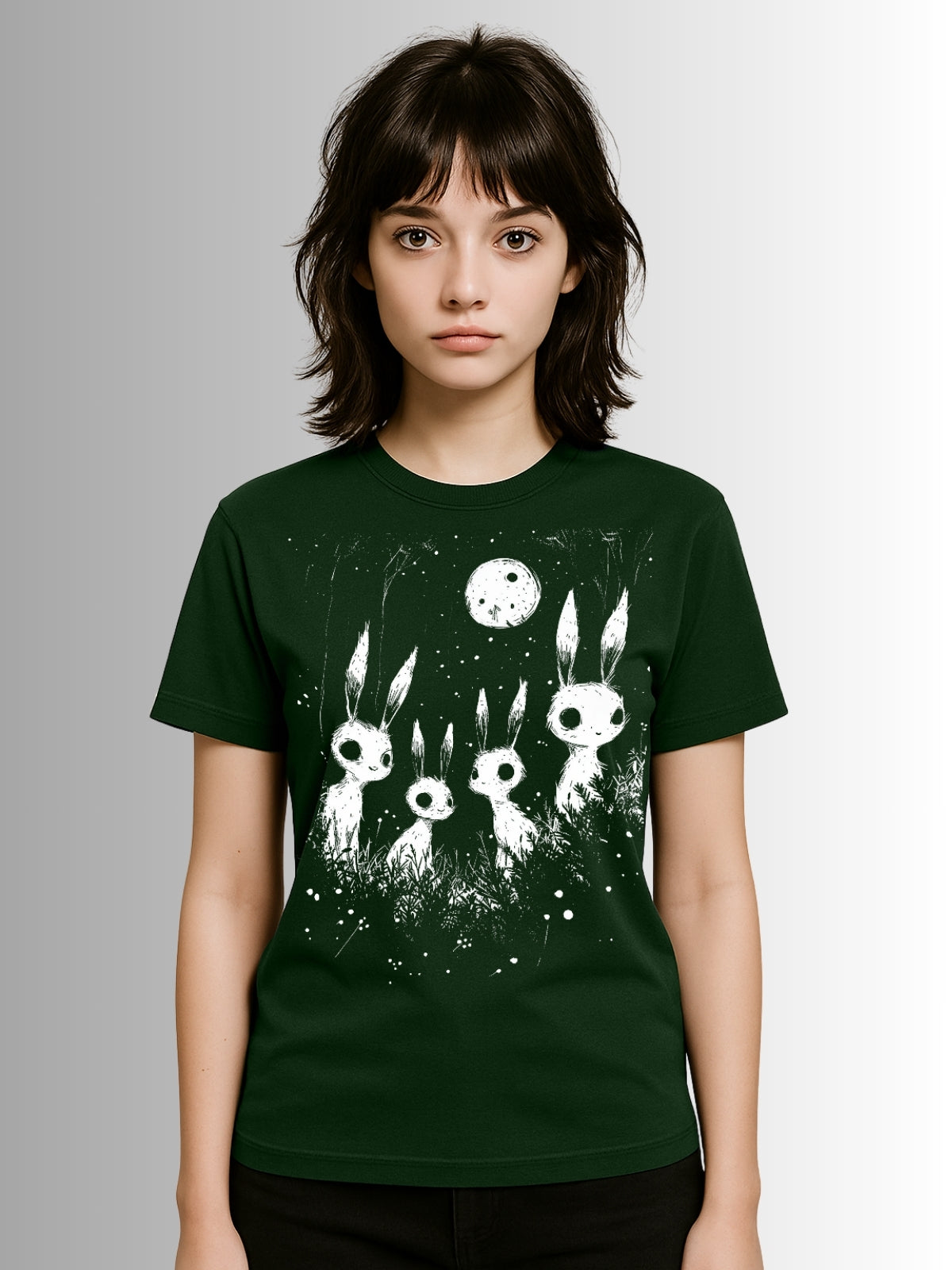 Alternative forest green tee with creepy bunny silhouettes against glowing moon