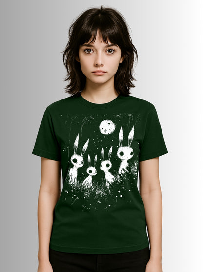 Alternative forest green tee with creepy bunny silhouettes against glowing moon