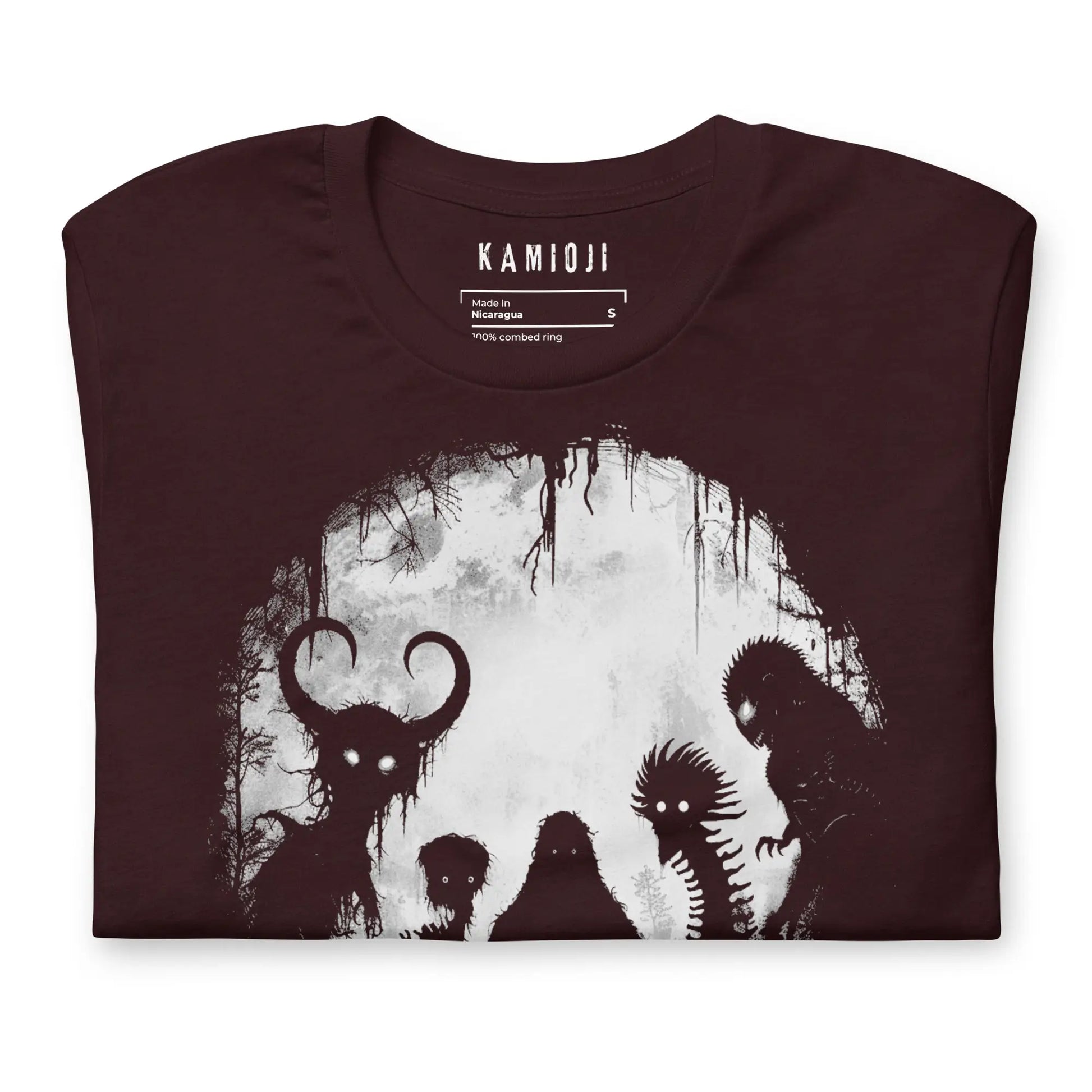 Oxblood black gothic tee with cryptid lineup artwork including Mothman, Bigfoot, and mythical beings | Colour: Oxblood Black