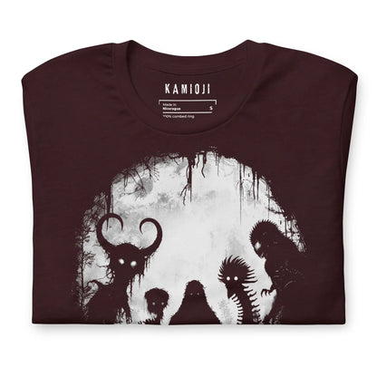 Oxblood black gothic tee with cryptid lineup artwork including Mothman, Bigfoot, and mythical beings | Colour: Oxblood Black