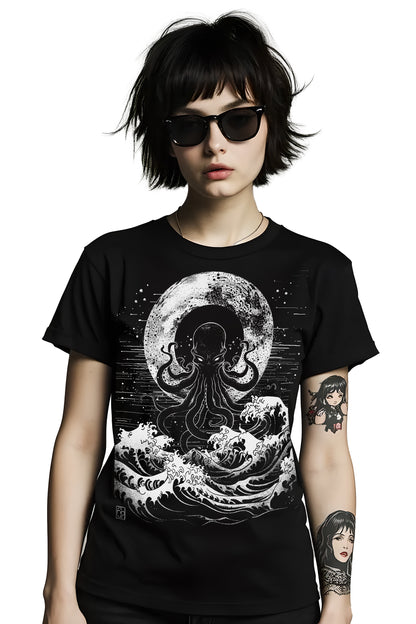 Gothic black tee showcasing detailed octopus tentacles emerging from turbulent sea with moonlit backdrop