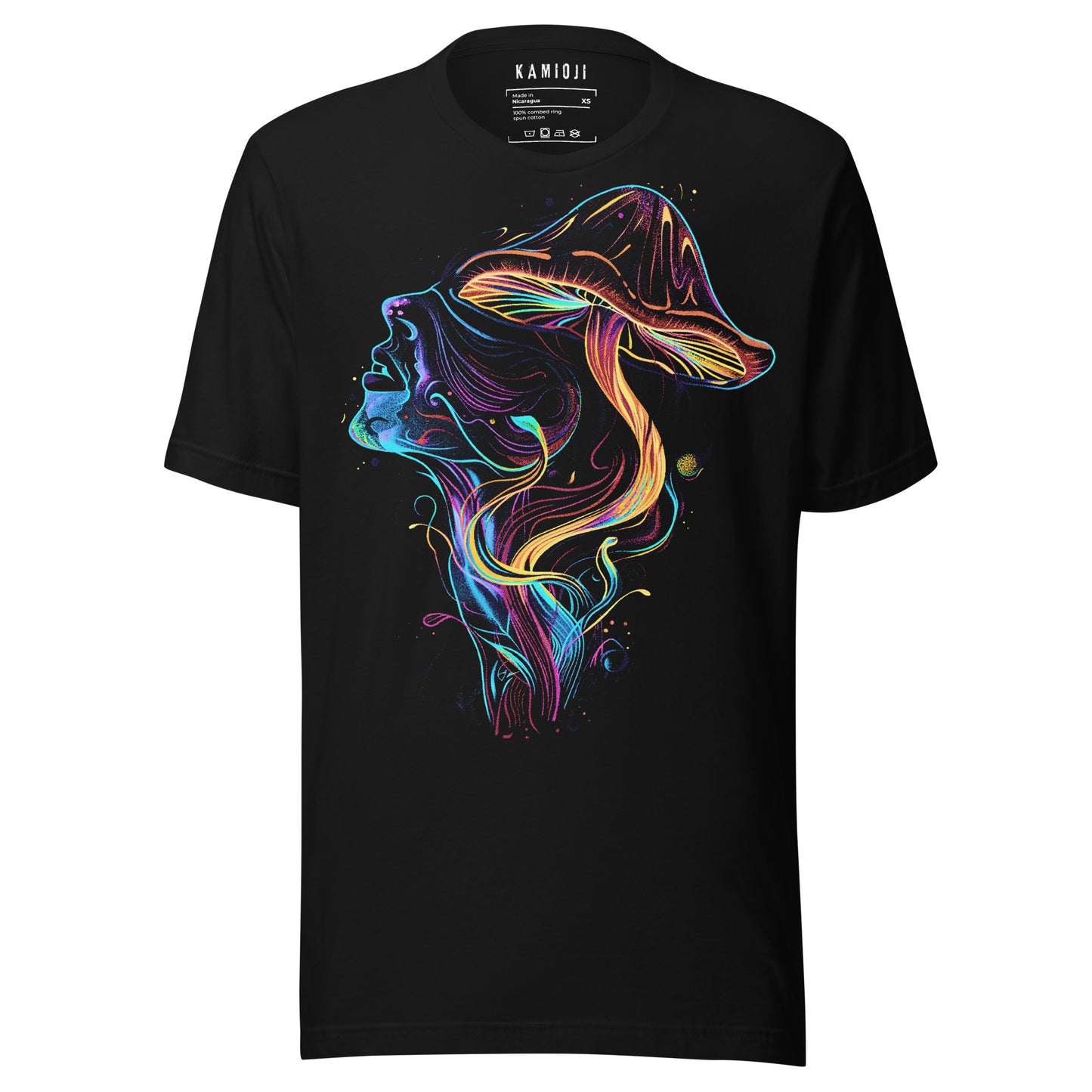 Black T-shirt featuring a vibrant psychedelic design of a human face merging with colorful mushrooms in neon tones