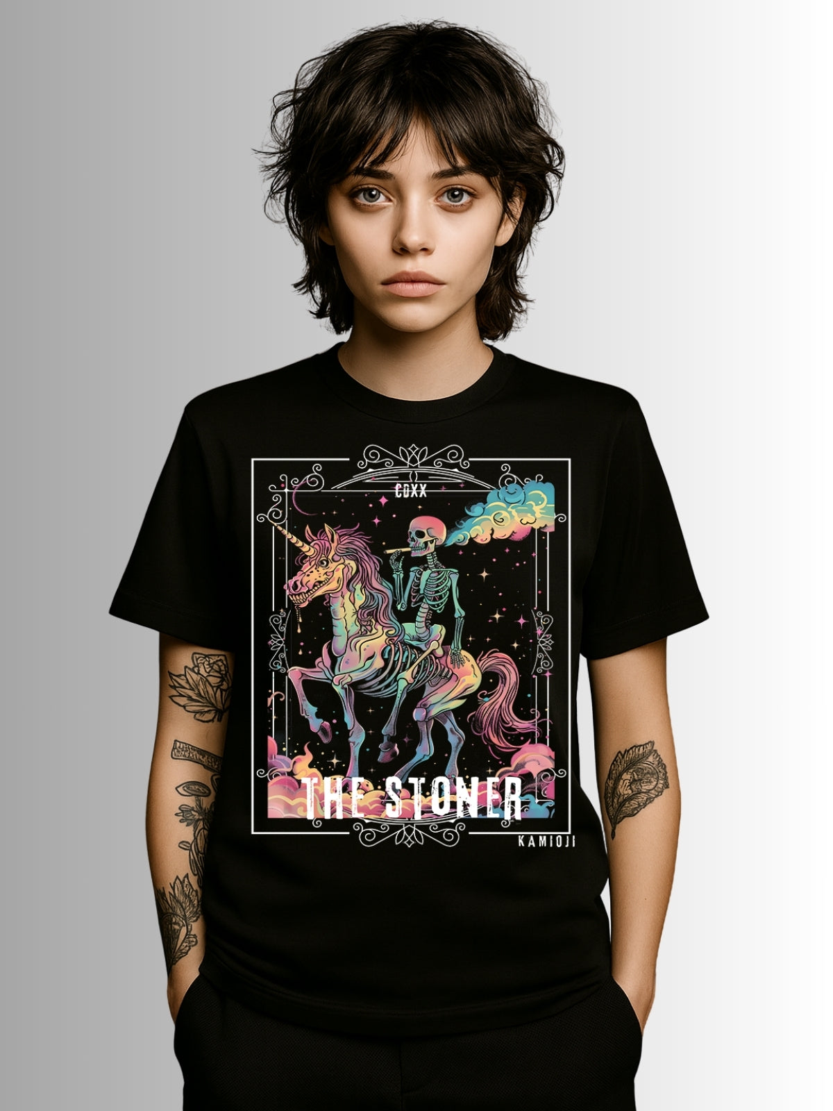 Alternative black tee showcasing a trippy skeleton on a colorful unicorn with cosmic and fantasy-inspired artwork