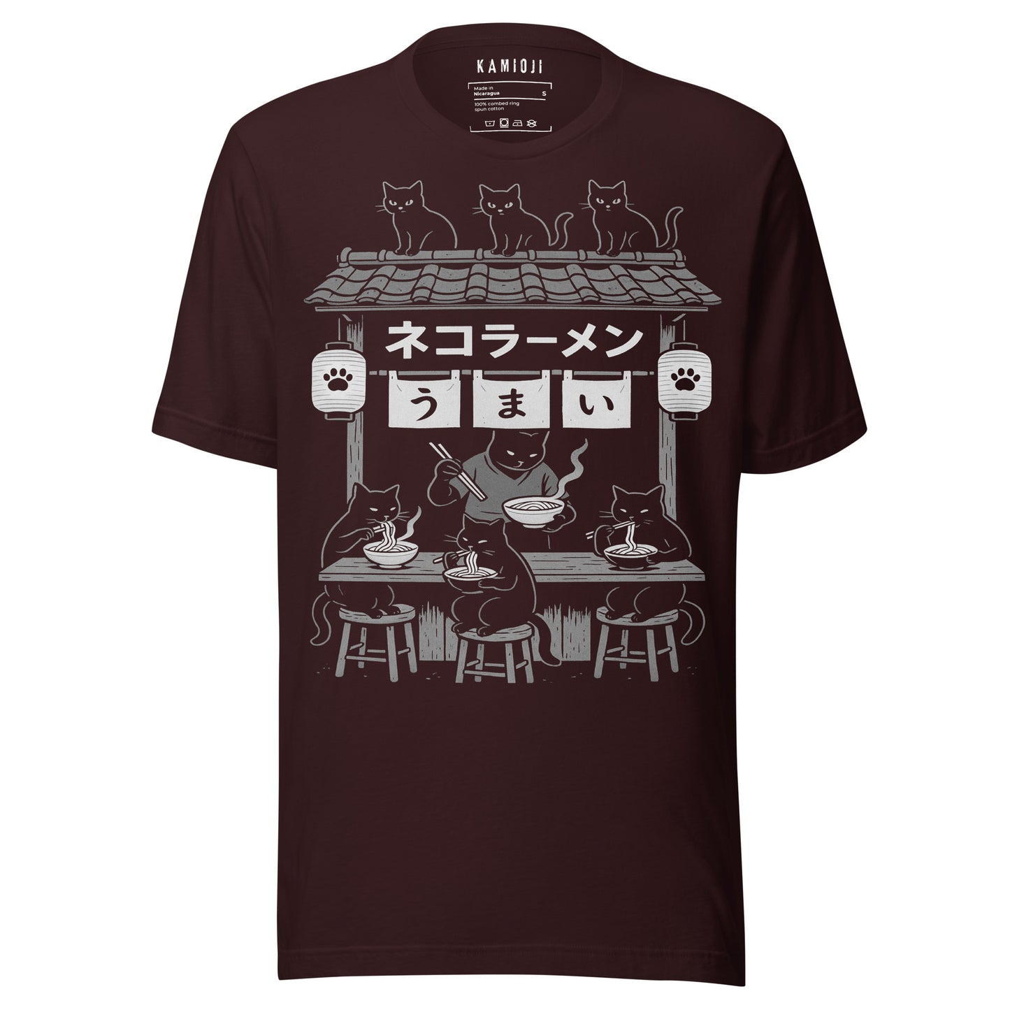 Oxblood red T-shirt featuring Japanese ramen shop artwork with cats enjoying bowls of noodles