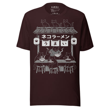Oxblood red T-shirt featuring Japanese ramen shop artwork with cats enjoying bowls of noodles
