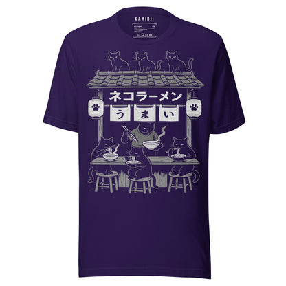 Purple tee with “Neko Ramen” illustration of cats eating noodles at a cozy Japanese ramen stand