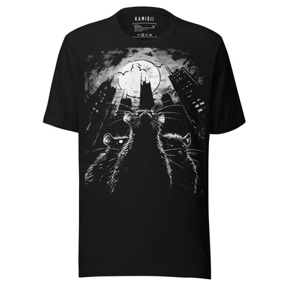 Black T-shirt featuring three rats perched over a decaying city under a full moon, gothic streetwear style