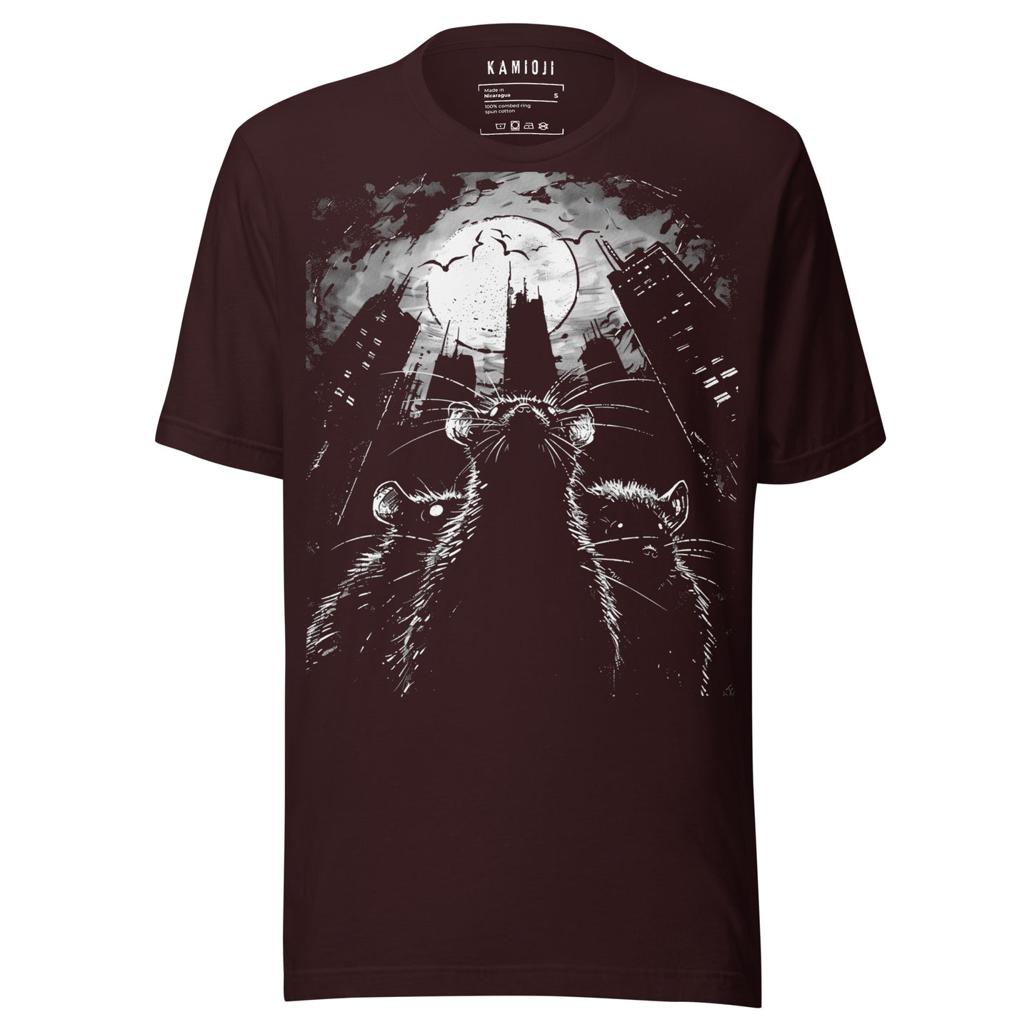 Oxblood Black gothic T-shirt showcasing eerie city ruins with rats under the moonlight
