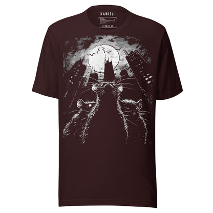 Oxblood Black gothic T-shirt showcasing eerie city ruins with rats under the moonlight

