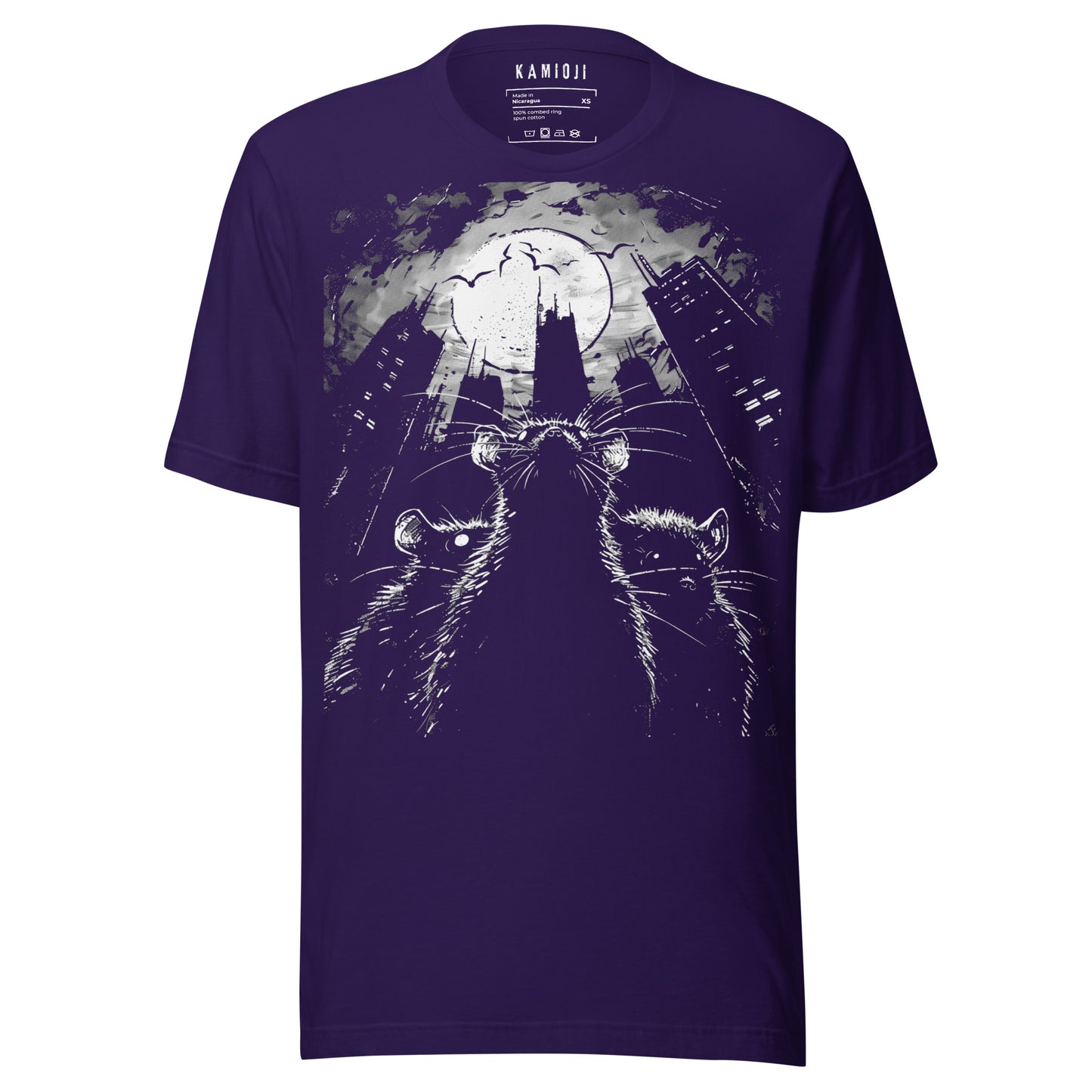 Purple gothic T-shirt depicting three rats watching over a haunted urban landscape beneath the moon
