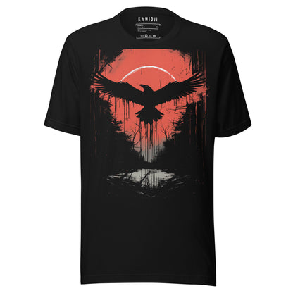 Black T-shirt featuring a dark raven silhouette soaring against a blood-red sun with grunge-style forest backdrop