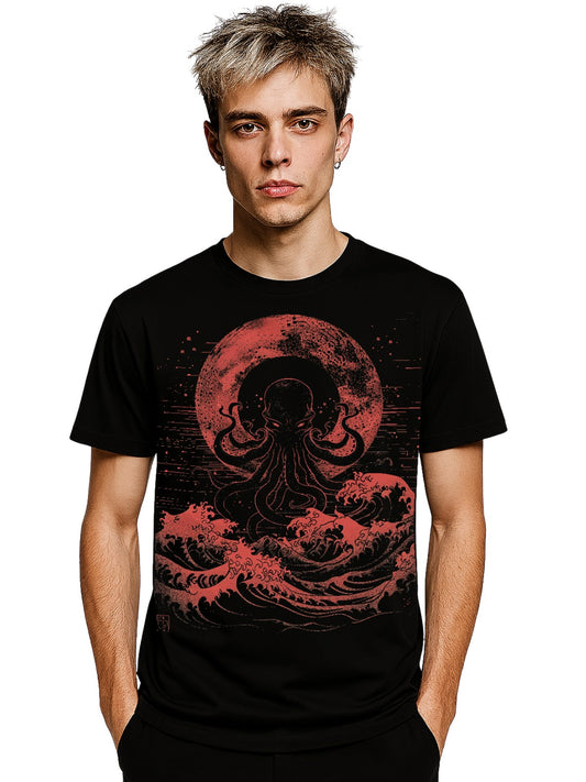 Black T-shirt featuring a red kraken rising from stormy ocean waves beneath a blood moon design