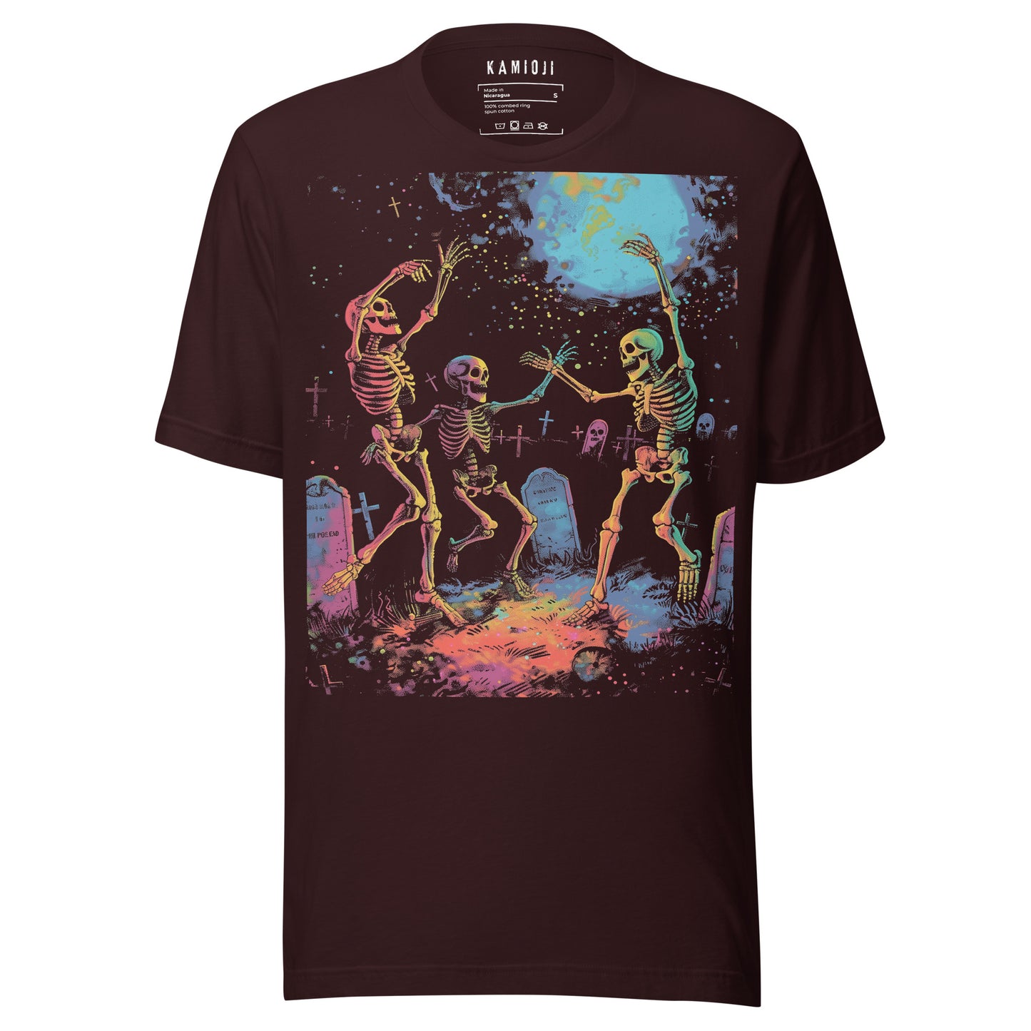 Oxblood black Vintage-inspired Halloween tee with bright skeleton artwork and spooky graveyard scene
