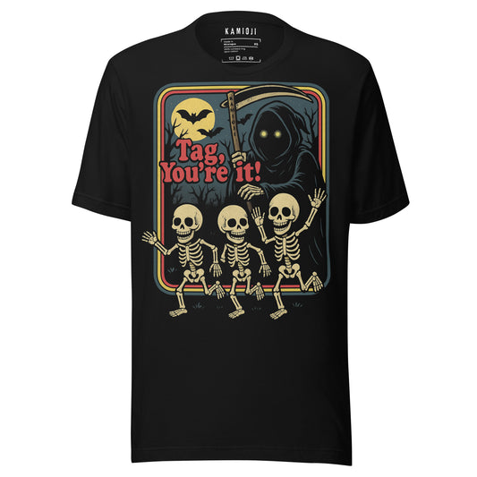 Black Halloween graphic tee with skeletons and grim reaper design reading “Tag, You’re it!”