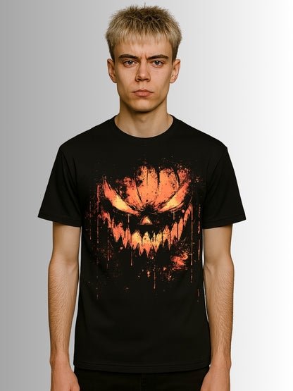 Gothic black tee showcasing menacing pumpkin face artwork in distressed orange horror design