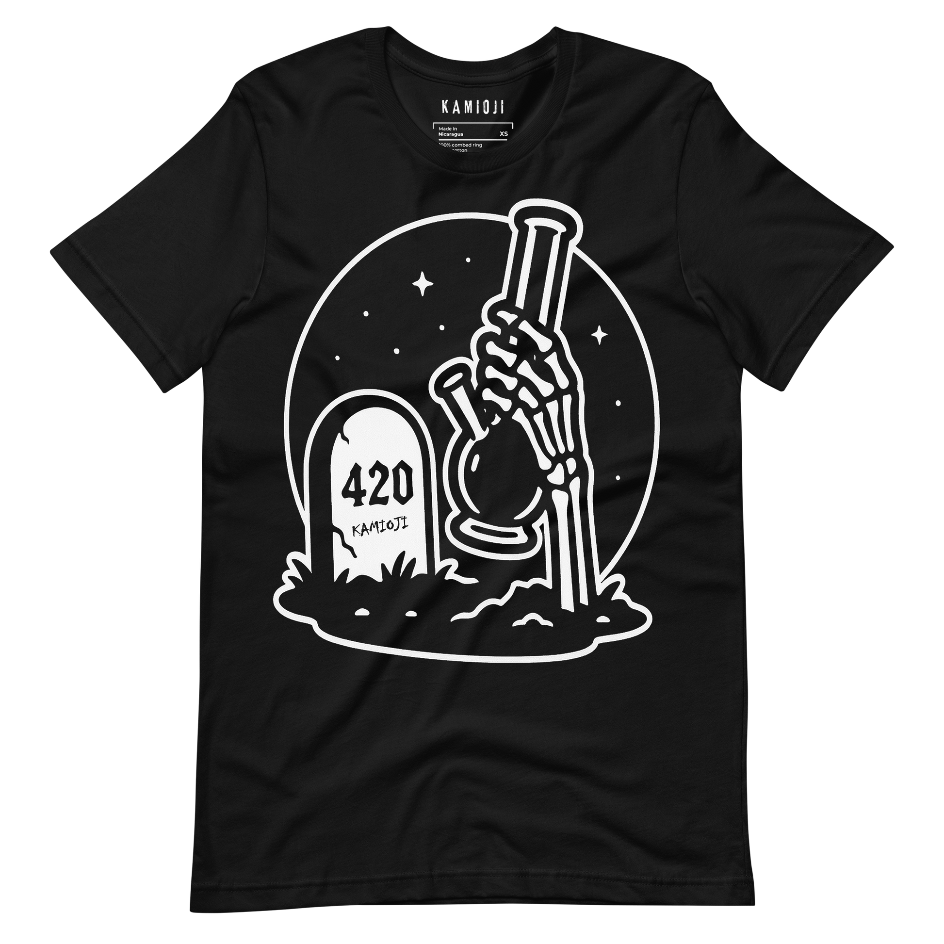 Black T-shirt featuring a skeleton hand rising from a grave holding a bong beside a 420 tombstone design