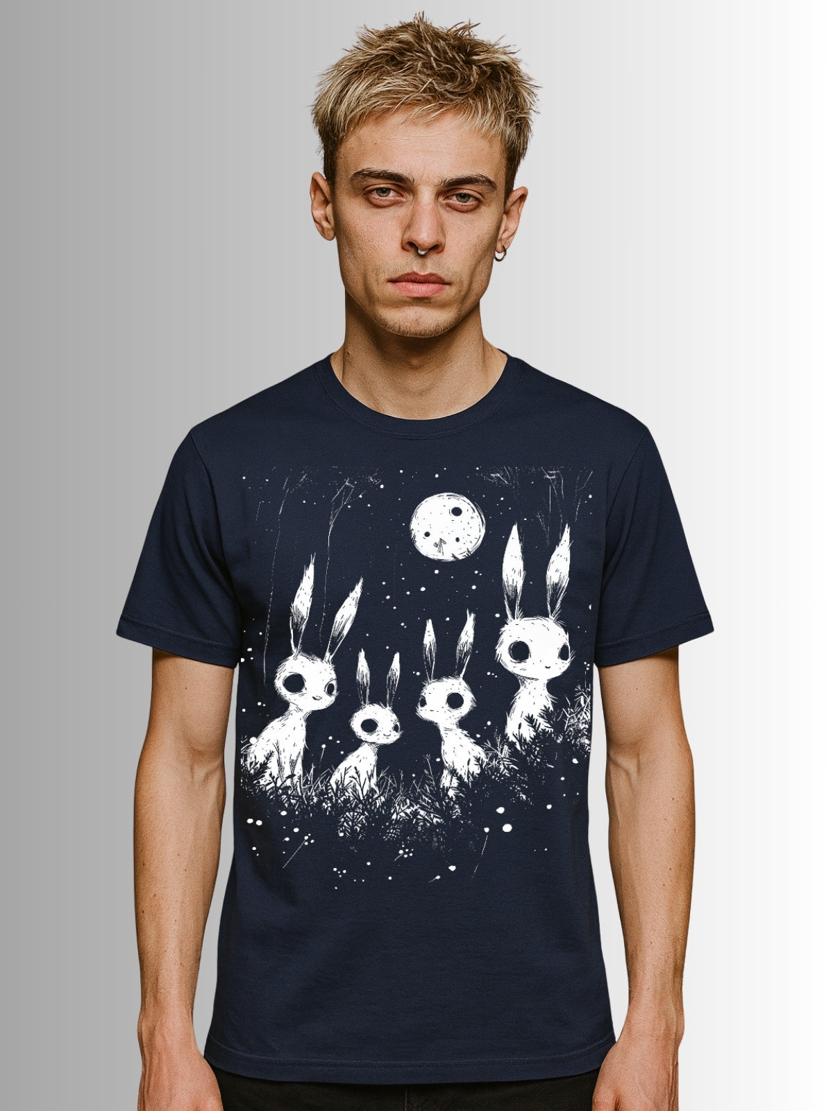 Navy Dark alternative T-shirt featuring creepy rabbits and moonlit gothic vibe