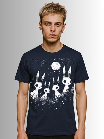 Navy Dark alternative T-shirt featuring creepy rabbits and moonlit gothic vibe
