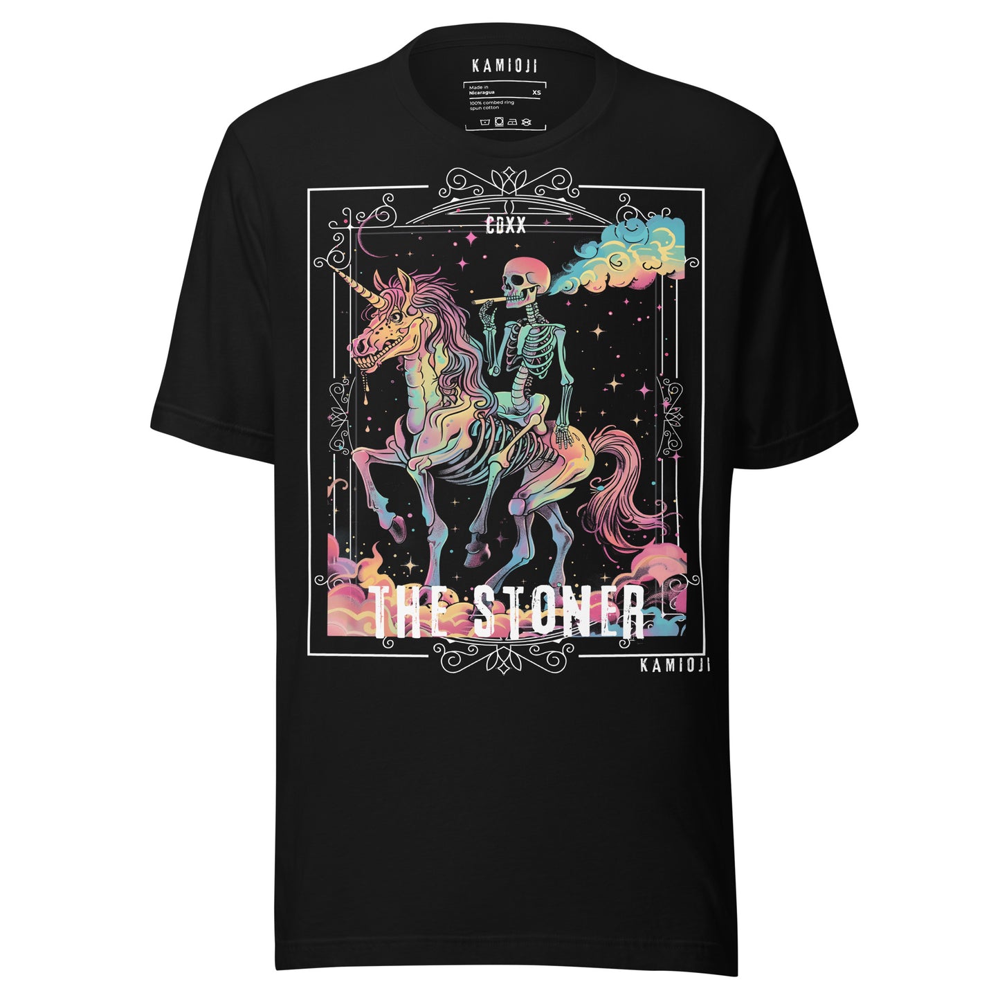 Black T-shirt with a skeleton riding a pastel unicorn surrounded by stars and clouds, featuring “The Stoner” text in gothic typography