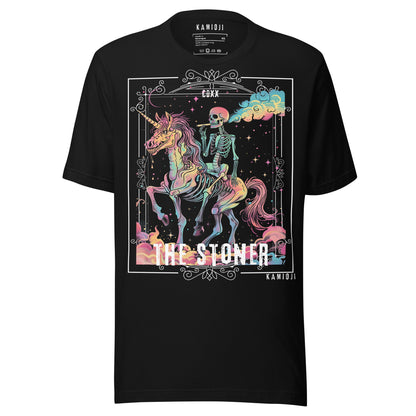 Black T-shirt with a skeleton riding a pastel unicorn surrounded by stars and clouds, featuring “The Stoner” text in gothic typography