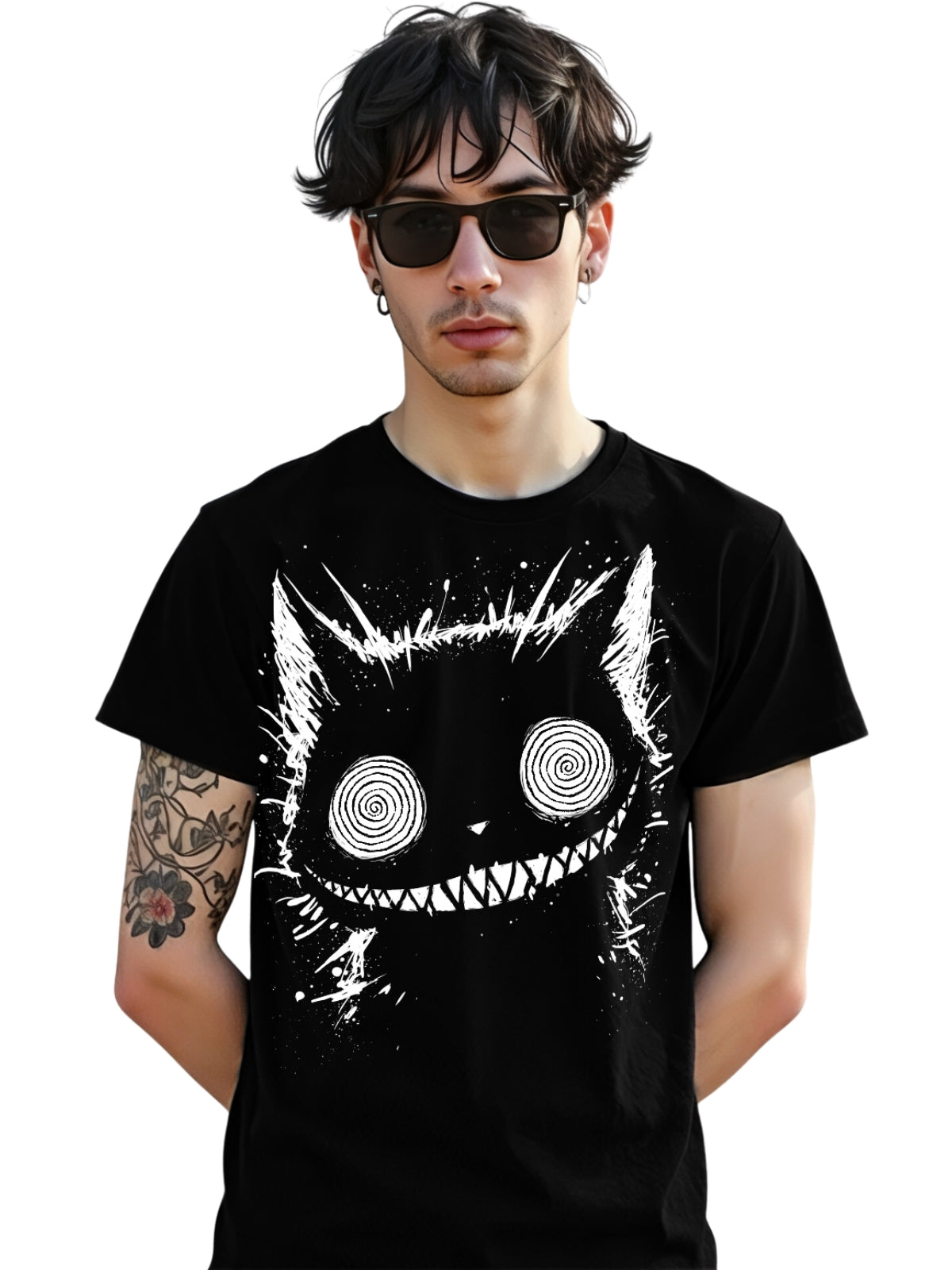 Alternative black T-shirt with surreal Cheshire Cat face illustration inspired by dark Alice in Wonderland themes