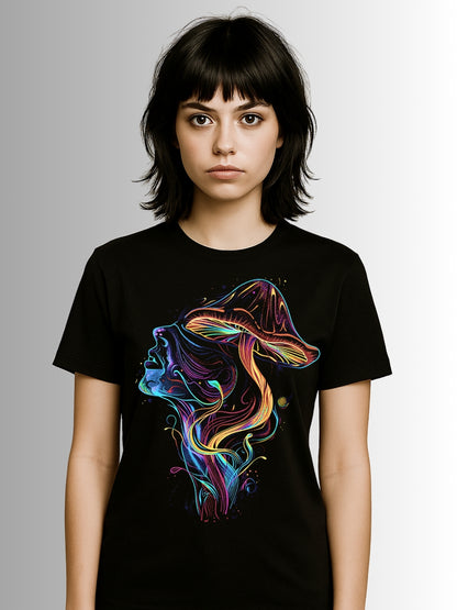 Alternative black tee showcasing surreal line art of a face intertwined with glowing mushrooms in vivid rainbow colors