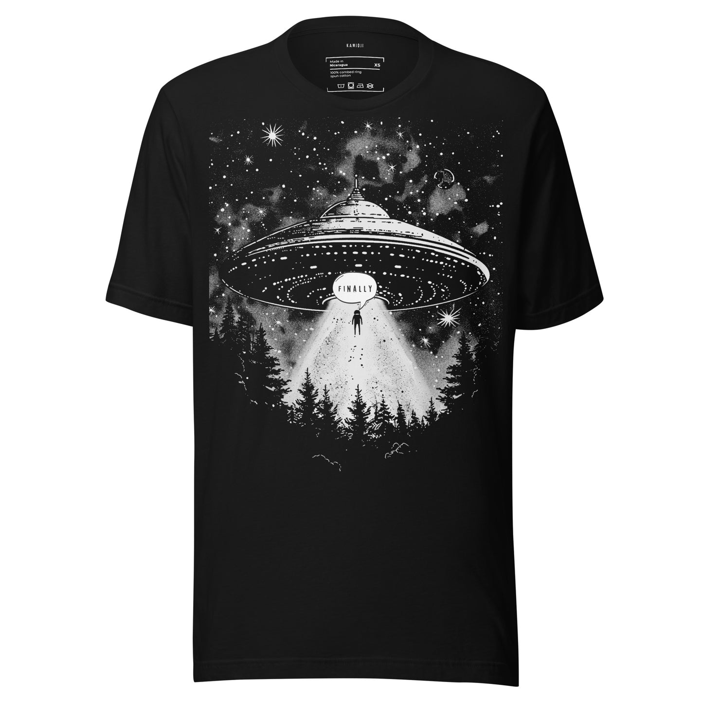 Black T-shirt featuring UFO abduction scene with lone figure and bright beam of light over a forest