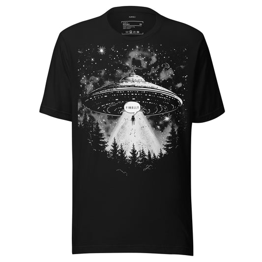 Black T-shirt featuring UFO abduction scene with lone figure and bright beam of light over a forest