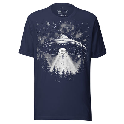 Navy T-shirt depicting lone person drawn into UFO beam with detailed forest and night sky design