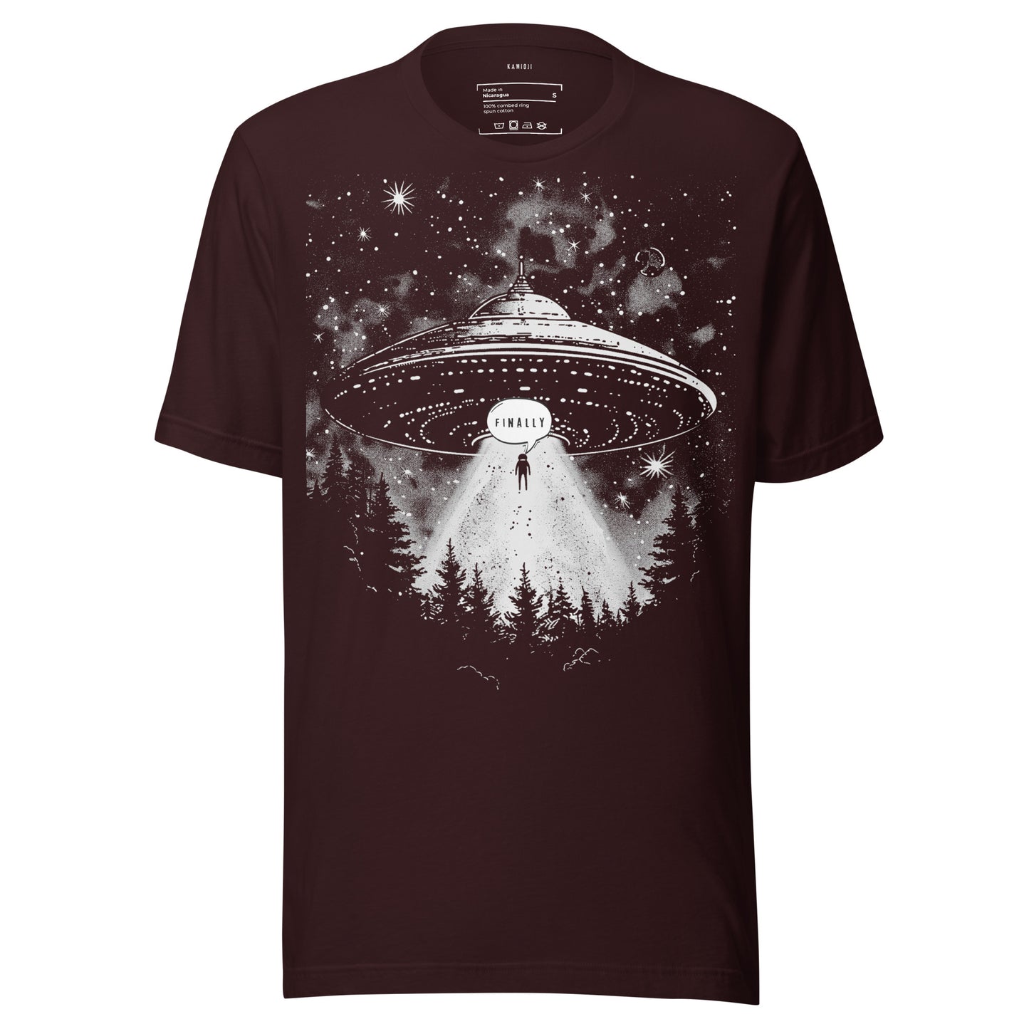 Oxblood Black T-shirt with alien abduction artwork showing UFO light over eerie woodland landscape
