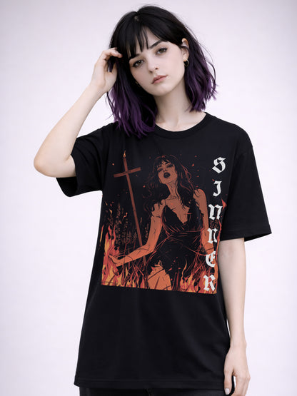 Unisex t shirt with Lilith themed illustration referencing dark folklore, rebellion, and religious counter-myth.