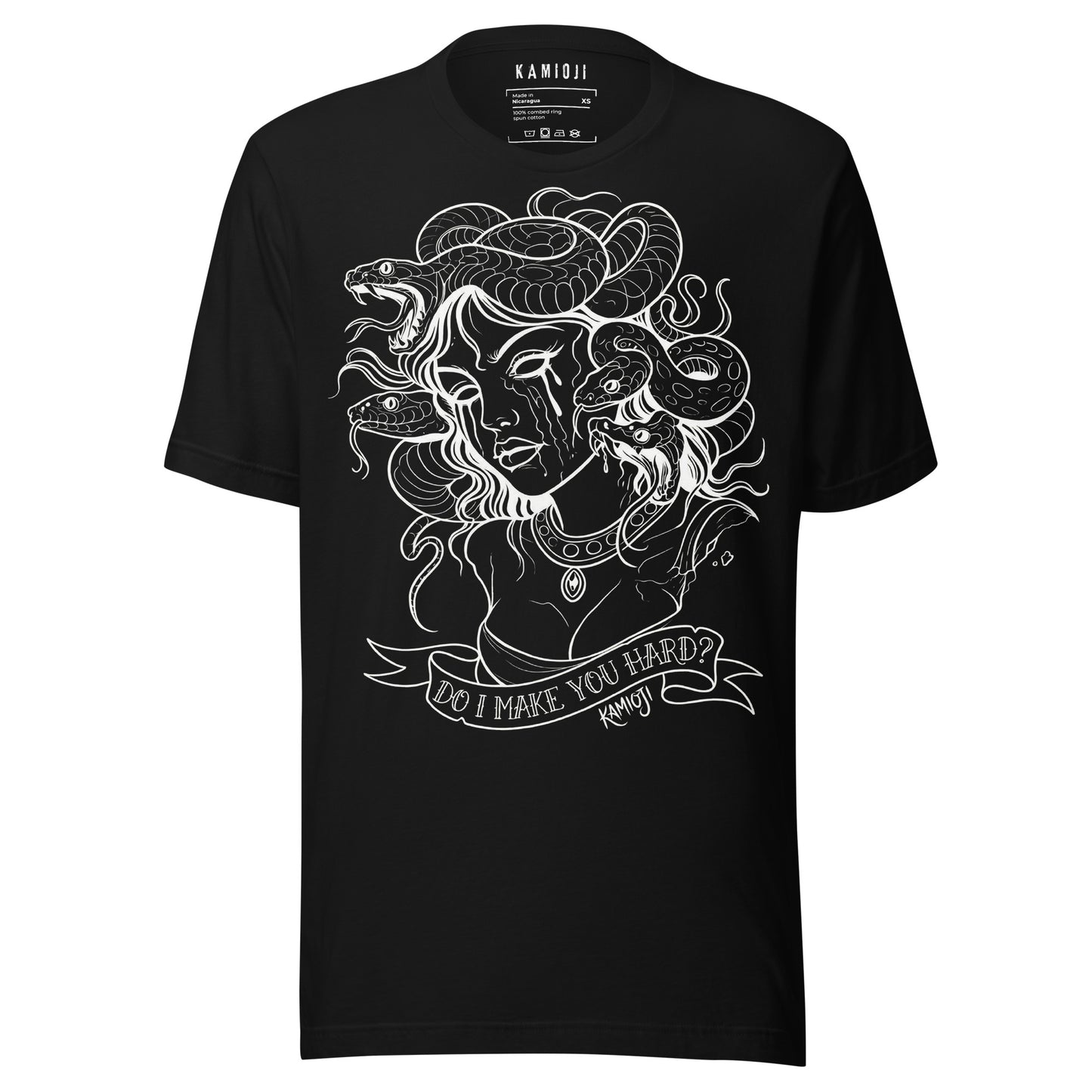 Medusa graphic t shirt with snake hair illustration and bold text reading “Do I Make You Hard?”