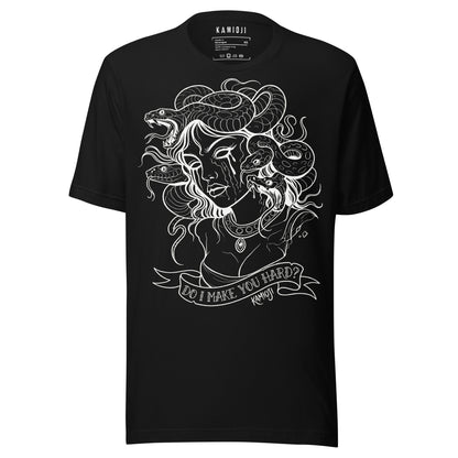 Medusa graphic t shirt with snake hair illustration and bold text reading “Do I Make You Hard?”