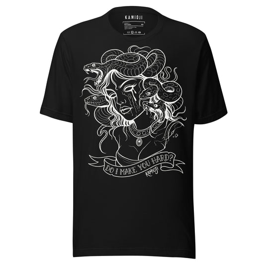 Medusa graphic t shirt with snake hair illustration and bold text reading “Do I Make You Hard?”