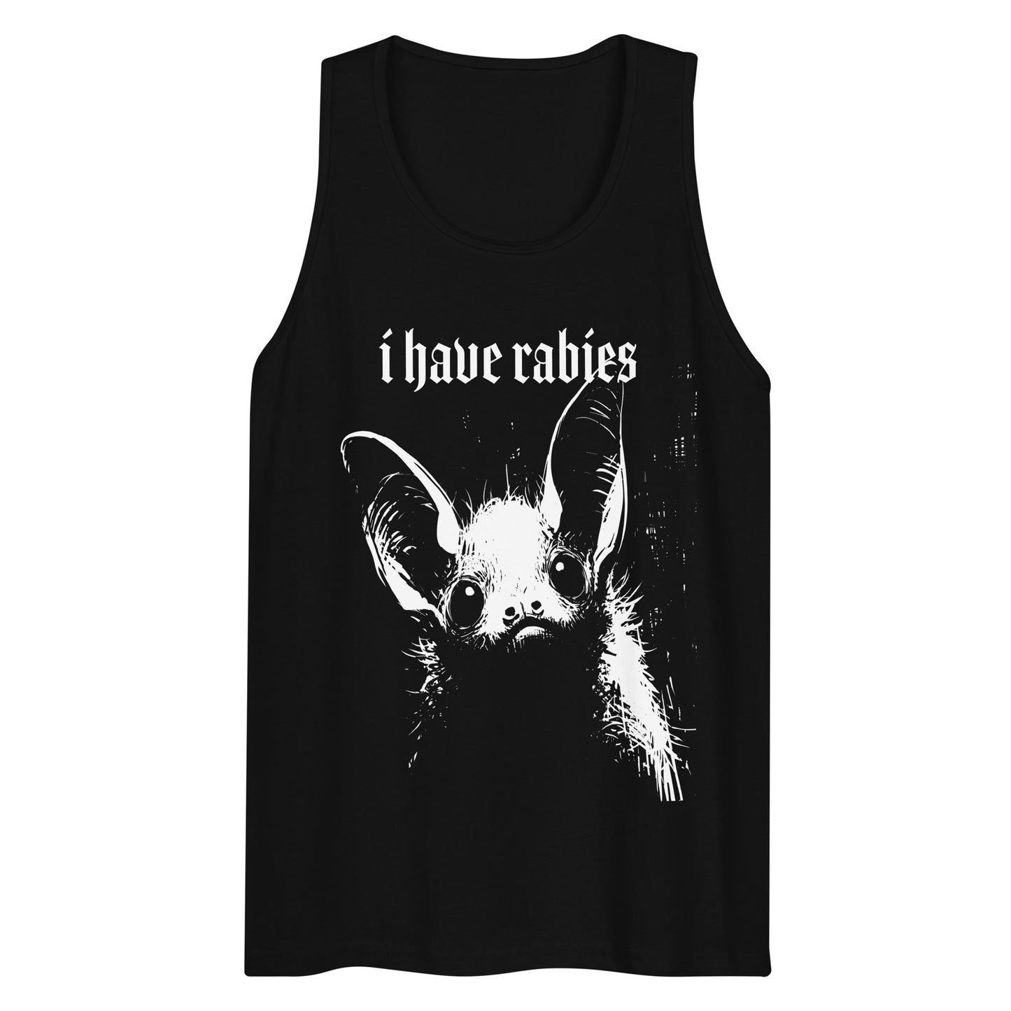 Men’s gothic tank top with “i have rabies” text and detailed bat illustration.