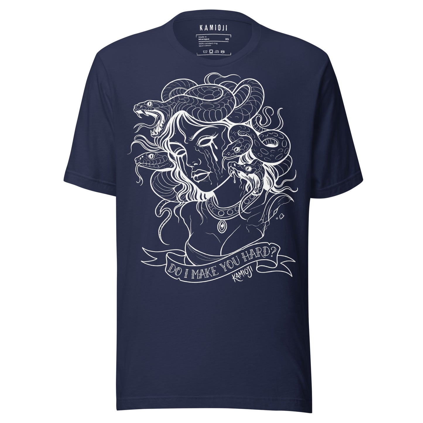Graphic tee showing a stylised Medusa portrait with snakes and text banner.