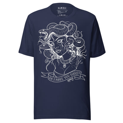 Graphic tee showing a stylised Medusa portrait with snakes and text banner.
