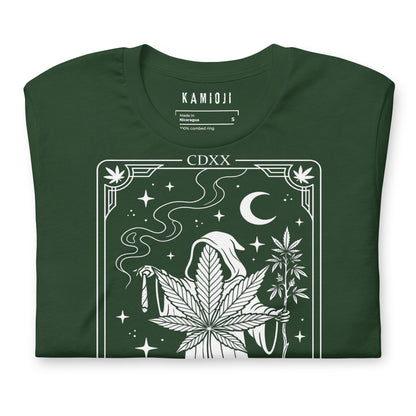 gothic cannabis shirt with detailed linework reaper design and night sky elements. FOREST GREEN.