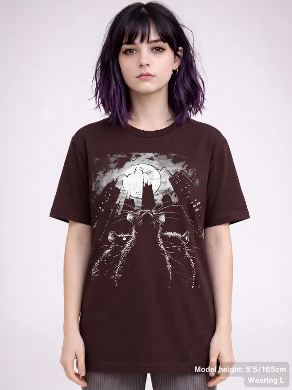 Dark red alternative tee featuring artistic rats over an apocalyptic skyline with high-contrast detail | Colour: Oxblood Black