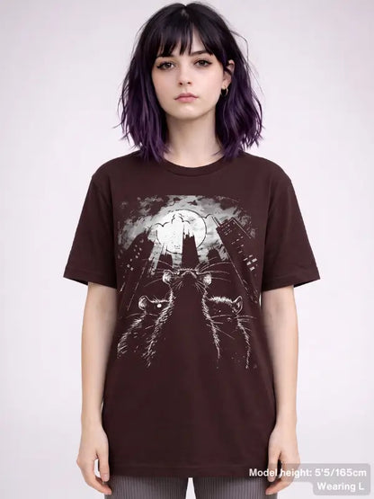 Dark red alternative tee featuring artistic rats over an apocalyptic skyline with high-contrast detail | Colour: Oxblood Black