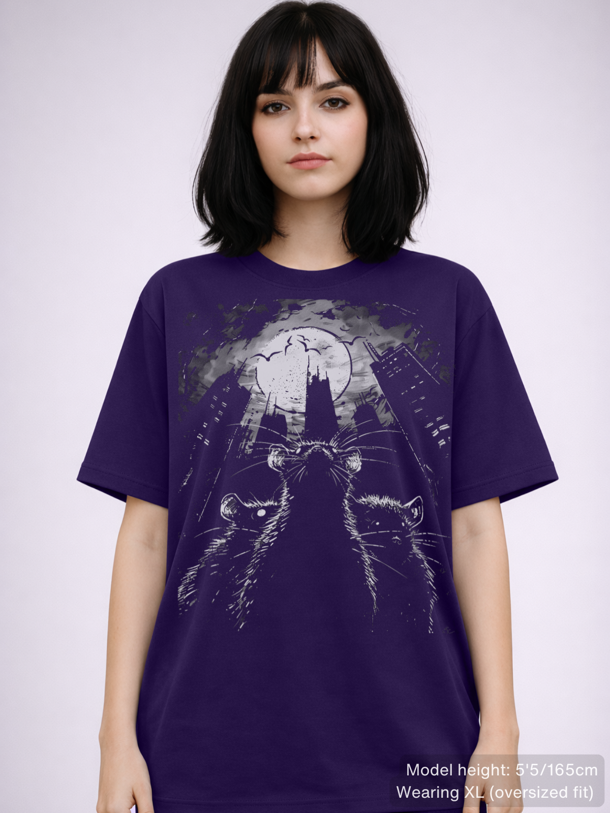 Purple alternative tee featuring detailed gothic artwork of rats and crumbling city architecture