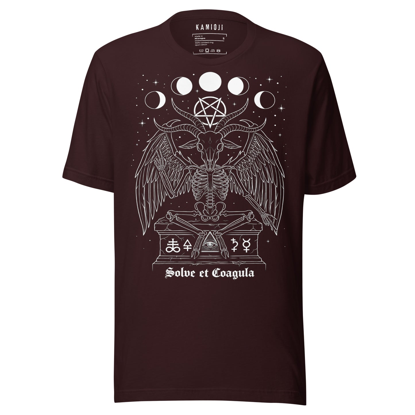 Alternative graphic tee showing occult goat figure with lunar symbols and ritual imagery.