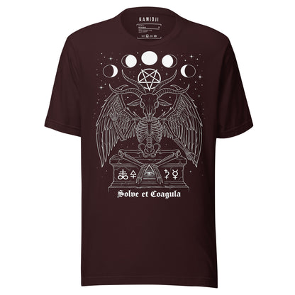Alternative graphic tee showing occult goat figure with lunar symbols and ritual imagery.