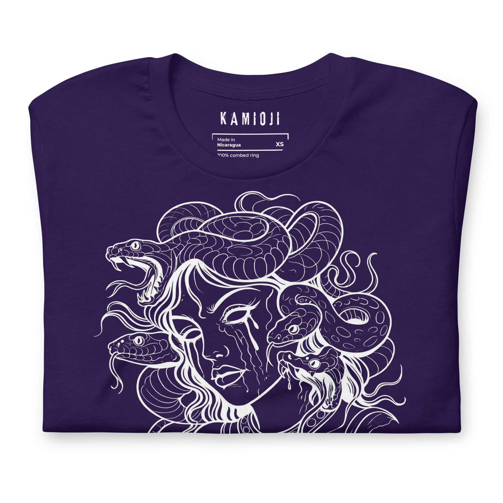 Mythology themed t shirt with Medusa illustration and bold slogan.