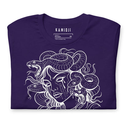 Mythology themed t shirt with Medusa illustration and bold slogan.