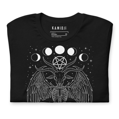 Unisex gothic t shirt with Baphomet illustration and Solve et Coagula text.