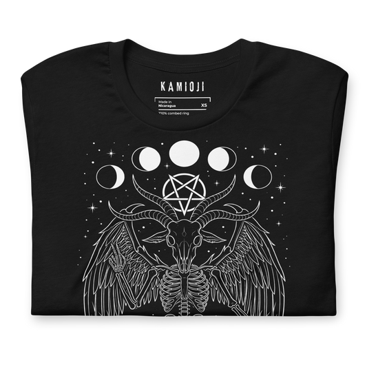Unisex gothic t shirt with Baphomet illustration and Solve et Coagula text.