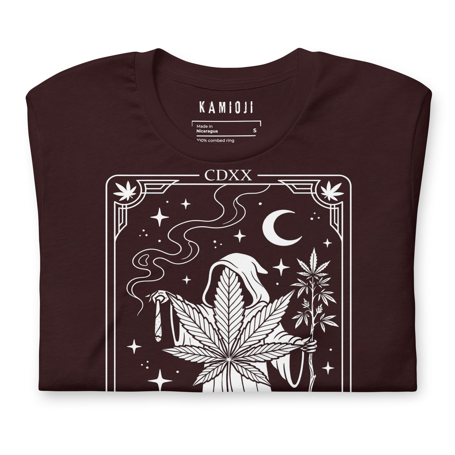 cannabis reaper shirt with gothic tarot style artwork and marijuana plant design