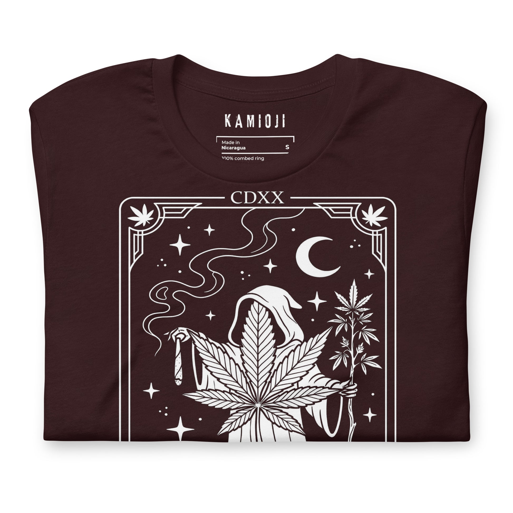 cannabis reaper shirt with gothic tarot style artwork and marijuana plant design